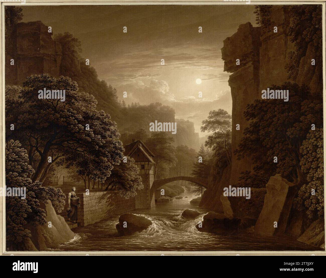 Christian Gottlob Hammer il Lochmühle a Liebethaler Grund al chiaro di luna. Pennello in marrone, su tracce di matite 1813 , 1813 Foto Stock