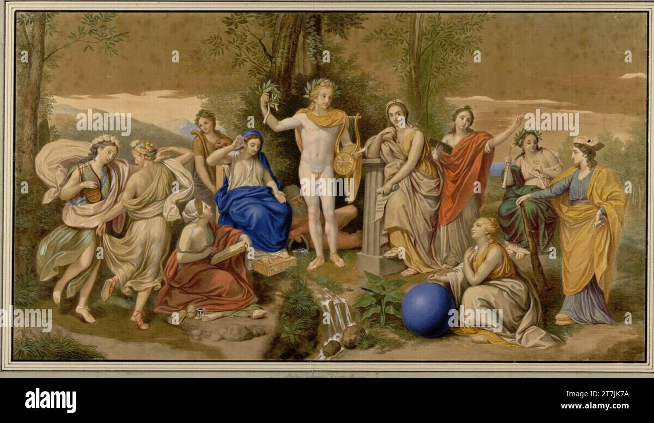 Pasqual Calbó i Caldés Apollo, Mnemosyne e il Nine Musen (dopo l'affresco nella Villa Albani-Torlonia). Guazzo, con una linea stretta e nera intorno al 1774 Foto Stock