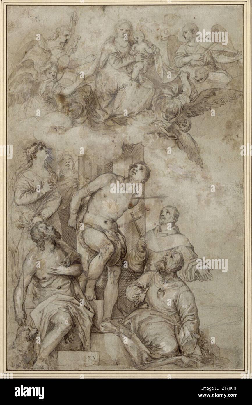 Anonimo la Madonna con il bambino sulle nuvole, circondata da musicisti, appare a San Sebastian, due santi femminili e tre maschi. Piuma; lavata; imbiancata Foto Stock