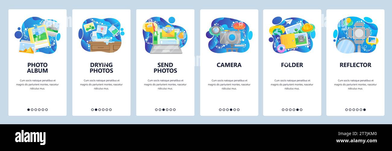 Schermate di onboarding delle app mobili. Scatta e sviluppa foto, fotografia digitale, fotocamera, album fotografico, luce. Modello di banner vettoriale per siti Web e dispositivi mobili Illustrazione Vettoriale