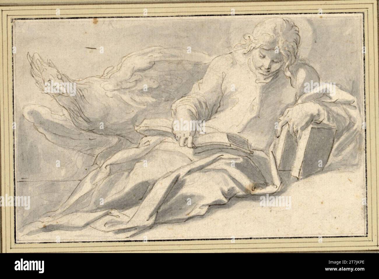 Abraham Bloemaert Johannes Evangelista siede a terra e legge nel Vangelo; accanto a lui l'aquila. Piuma; grigia -lavata Foto Stock
