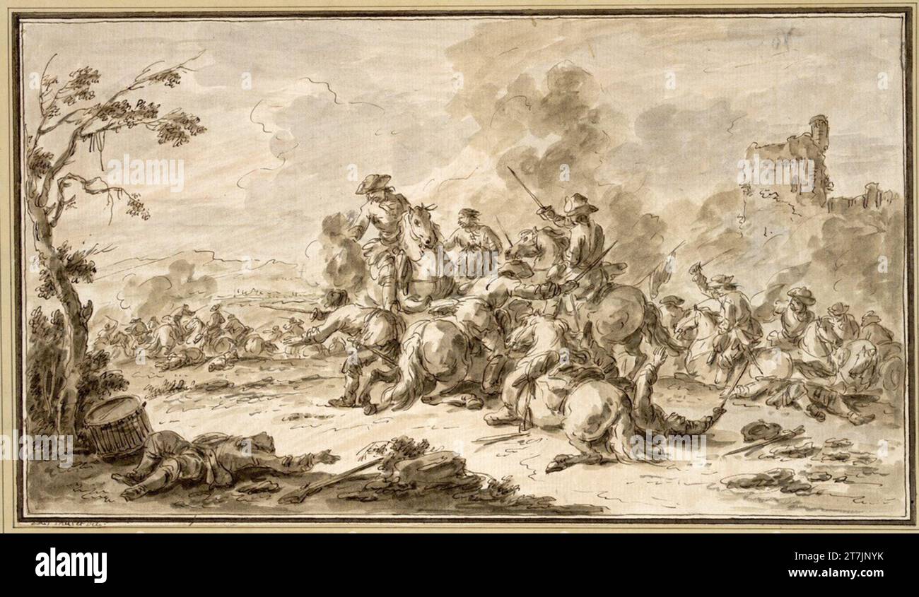 Giuseppe Zais battaglia equestre. (Un castello in rovina sulla destra sullo sfondo). Feder, lavato Foto Stock