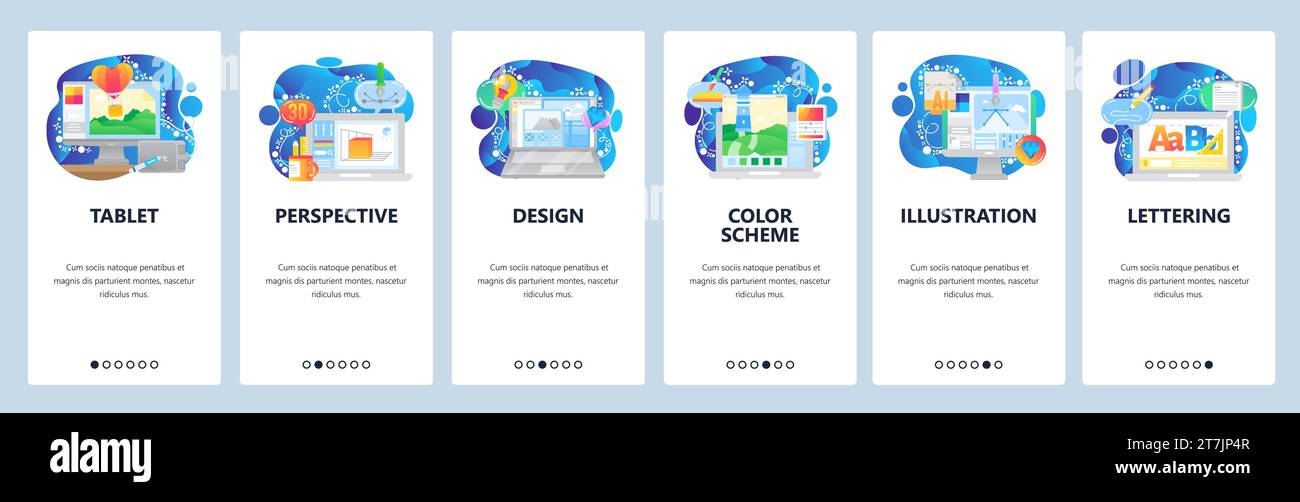 Schermate di onboarding delle app mobili. Arte digitale e grafica, disegni, modello 3d, illustrazione al computer. Modello banner vettoriale di menu per siti Web e. Illustrazione Vettoriale