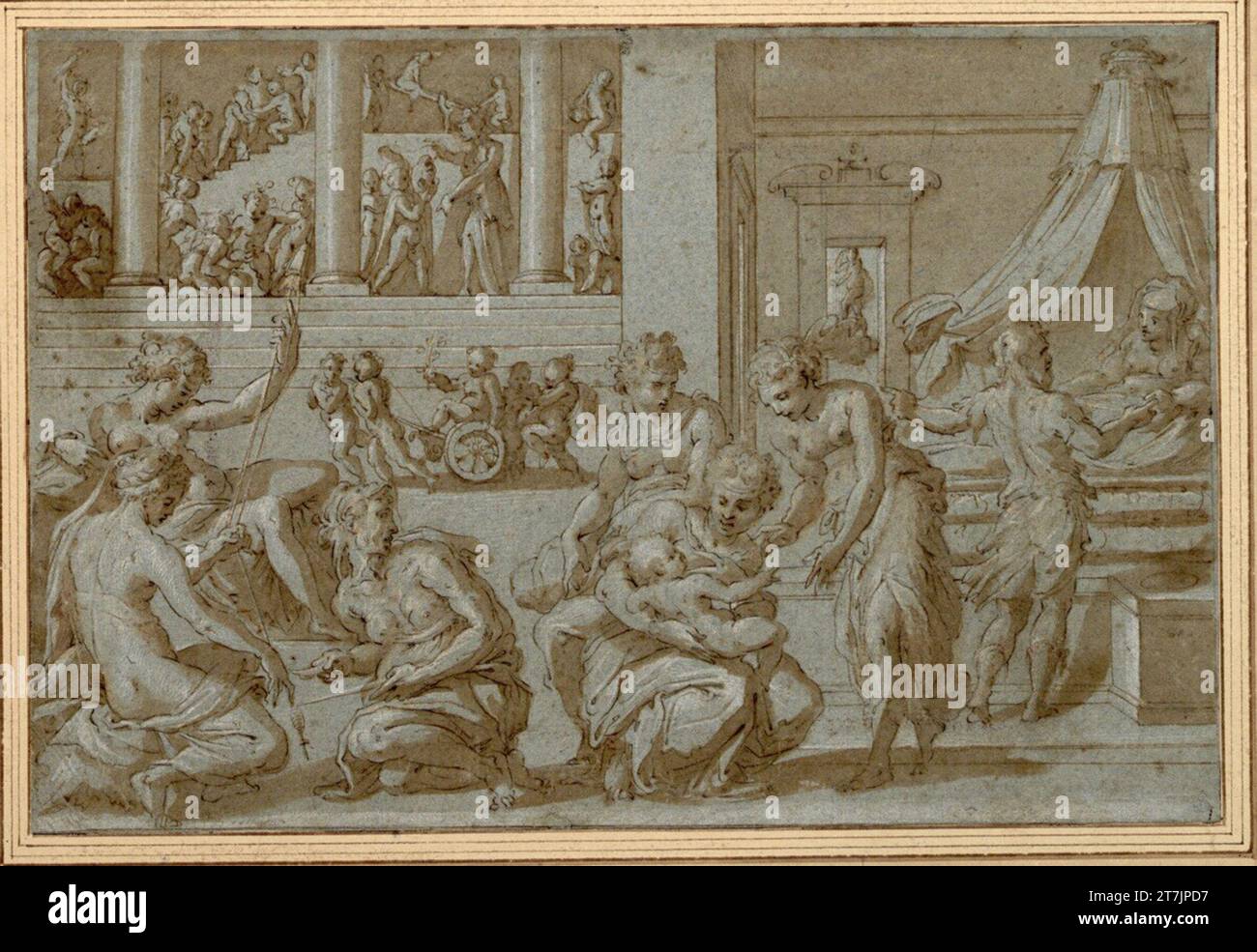 Giorgio Vasari Figure scene di fronte ad una sala a pilastri aumentata. (A destra la nascita di un bambino, i tre parzen a sinistra; giocare e imparare i bambini in sottofondo). Feder, lavata, bianca montata, su carta blu prima del 1561/64 o 1567 Foto Stock