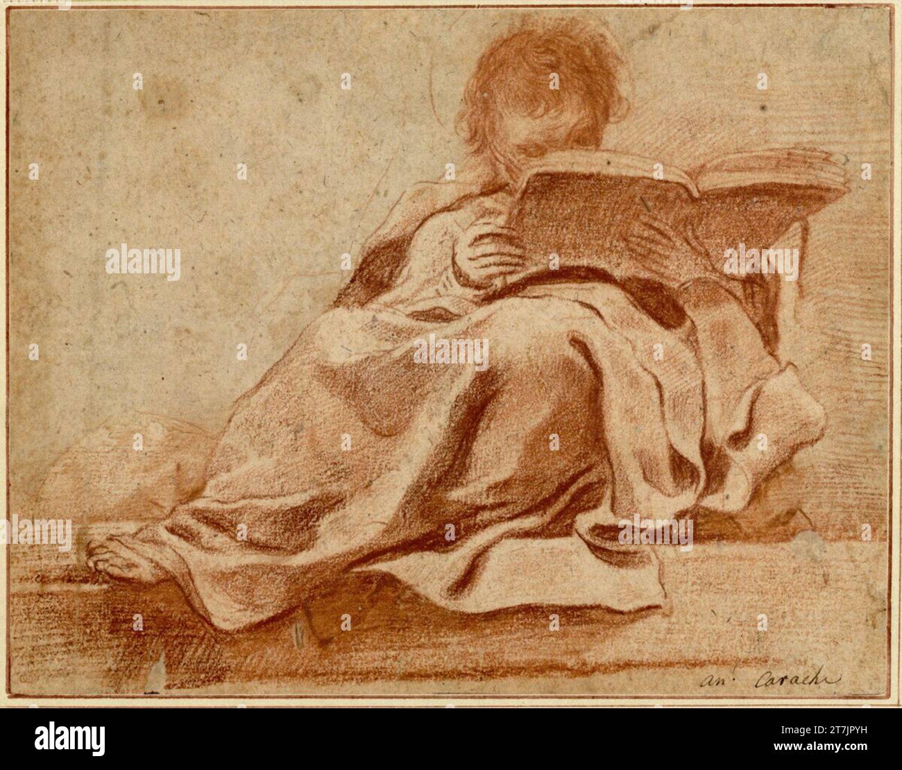 Pietro Faccini, Un santo nella vista frontale, si trova sul pavimento a leggere. Red Chalk Foto Stock