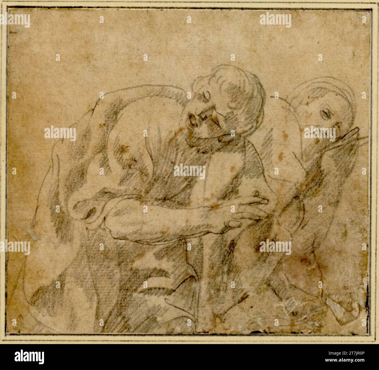 Giovanni Battista Caracciolo gen. Battistello due semifigure maschili piegate a destra. Penna metallica; l'angolo inferiore destro è danneggiato Foto Stock