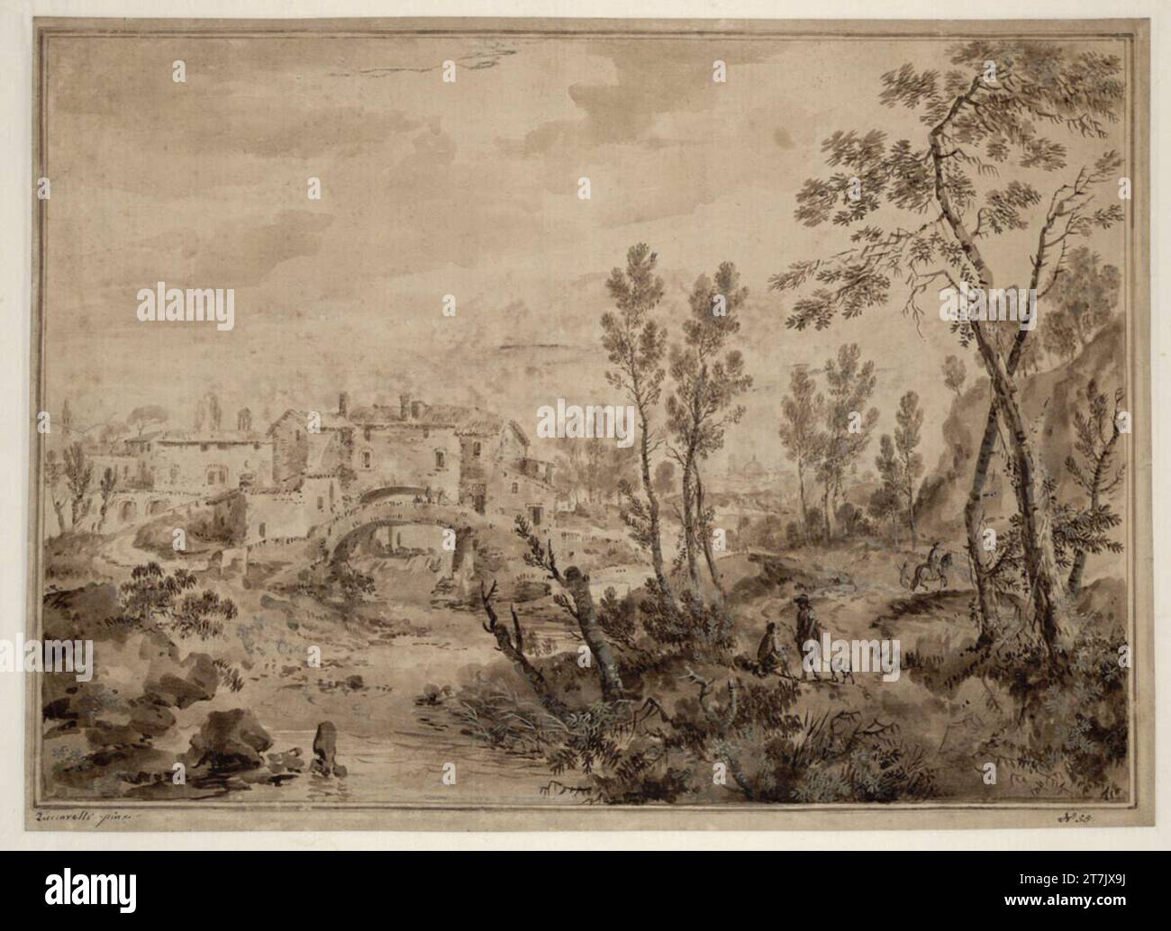 Giuseppe Zais paesaggio con villaggio e ponte di pietra. Spazzola, lavata, bianca montata Foto Stock