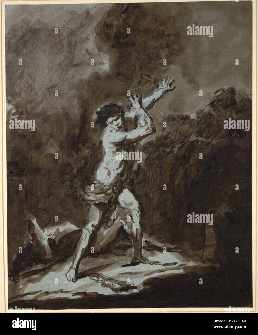 Carl Gottlieb Lenz dopo l'omicidio di Abel, Caino sente la voce di Dio. Penna e pennelli di colore marrone, a treccia con pennello di colore bianco, su matita, su carta blu-grigia 1776 , 1776 Foto Stock