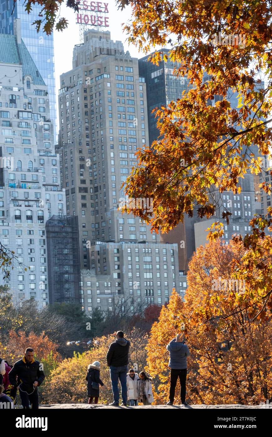 I turisti che amano i colori autunnali a Central Park, 2023, New York, USA Foto Stock