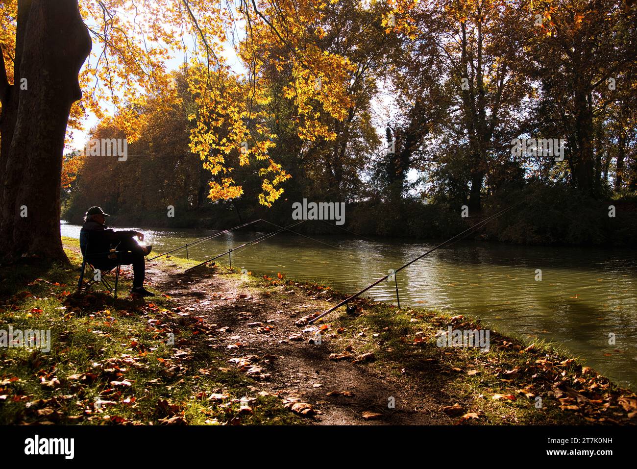 un pêcheur à la ligne sur les berges du Canal du Midi par un matin d'automne un pescatore sulle rive del Canal du Midi in un autunno soleggiato Foto Stock