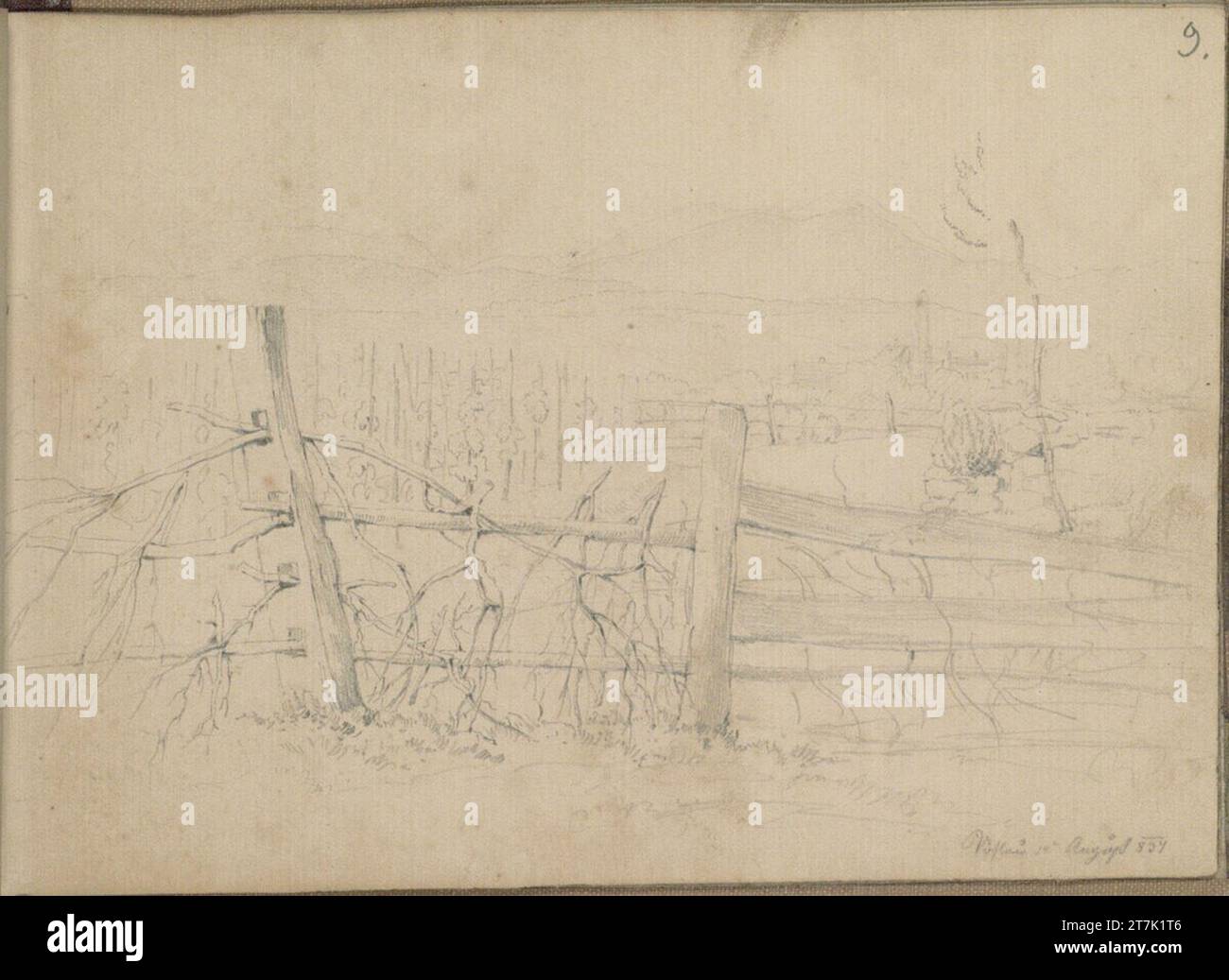 Friedrich Philipp Reinhold Sketchbook con 17 pagine impaginate: Vista su una recinzione e un vigneto a Vöslau (p. 9 Recto). Matita 14. Agosto 1834 , 1834-08-14 Foto Stock