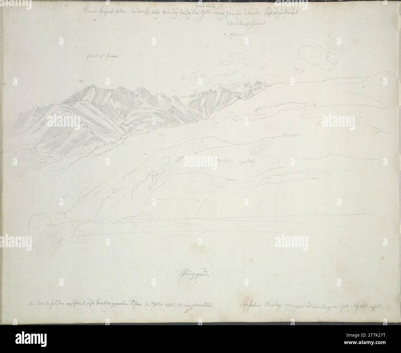 Heinrich Reinhold Sketchbook: Sul Salzach tra Zell e Mittersill; al centro sulla sinistra l'Imbachhorn, sullo sfondo il Wiesbachhorn. Matita 1818 , 1818 Foto Stock