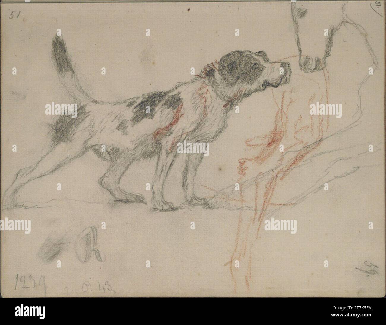 Teutwart Schmitson Un cane annusa un puledro; sopra di esso: La zampa posteriore di un cane (o quarti posteriori di un puledro?). Matita; il disegno in gesso rosso 1.2.1859 , 1859-02-01 Foto Stock