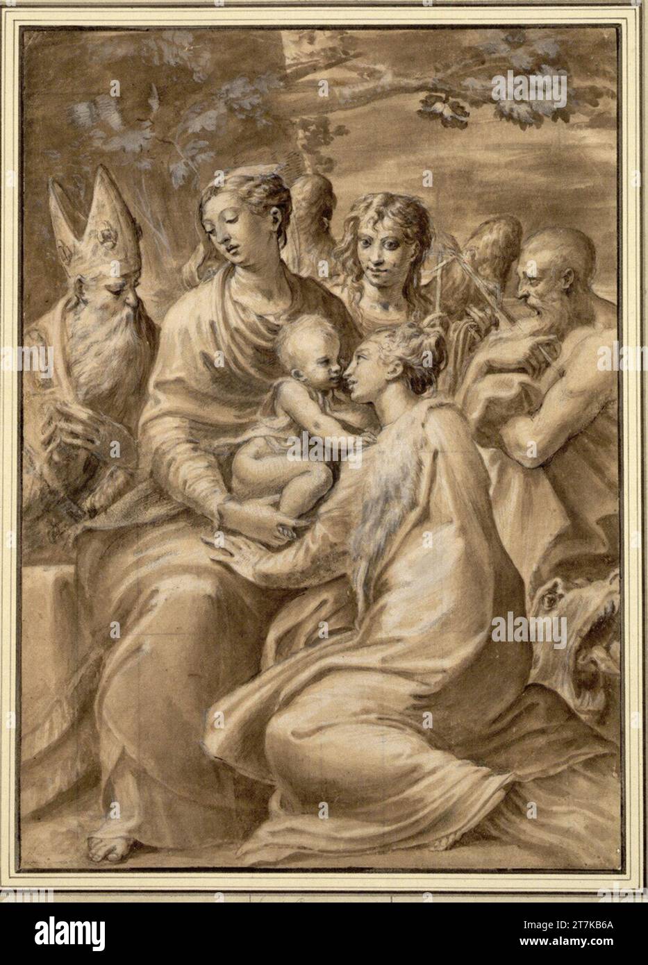 Anonym Sacra conversazione. La Madonna con il bambino, che è adorata dalla Santa Margarete von Cortona, circondato dai santi Hieronymus e Agostino (Benedetto? Petronius?) E un angelo. Gesso; piuma; pennello grigio; coltivato in bianco; quadrilizzato Foto Stock