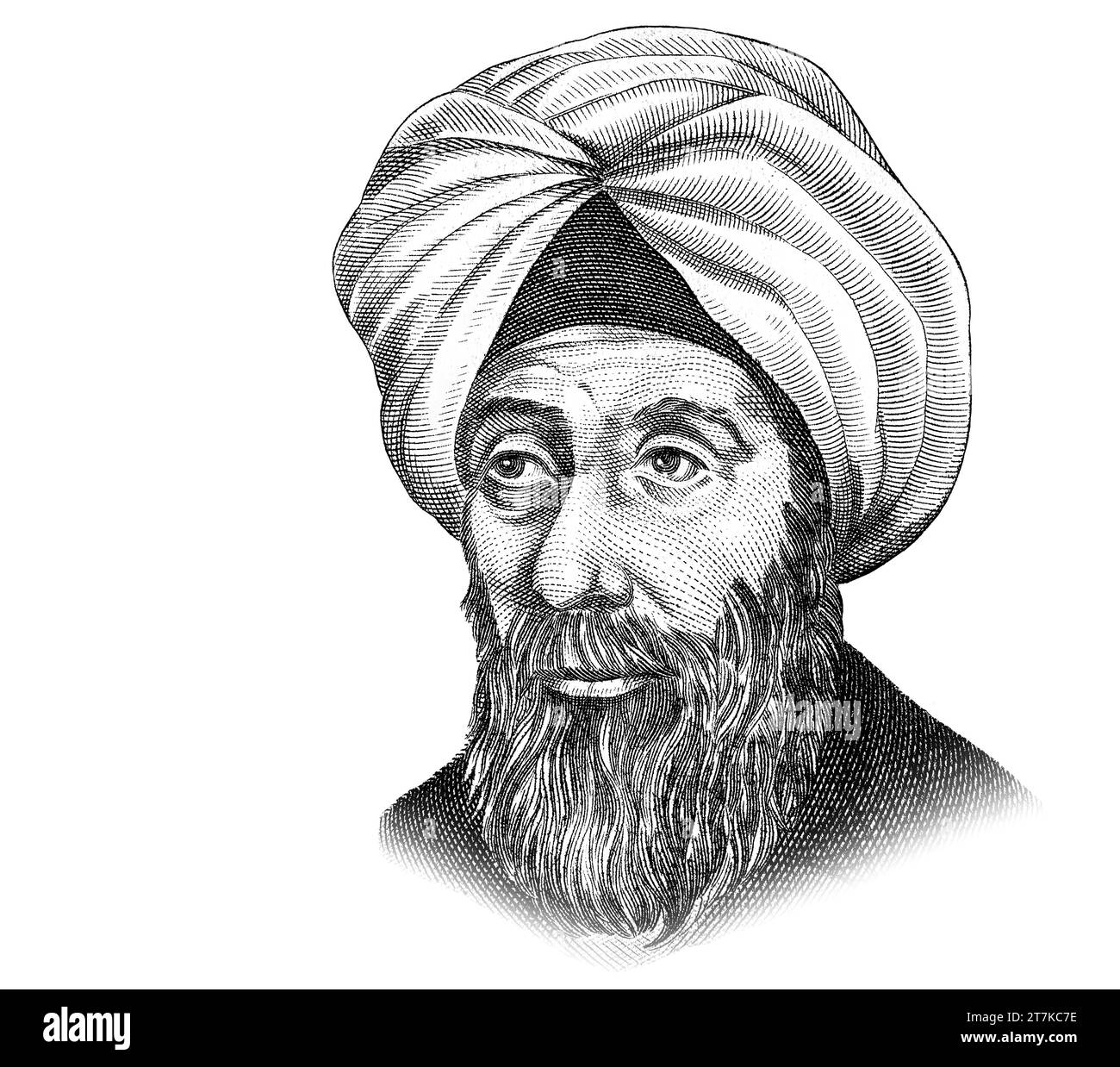 Scienziato arabo Alhazen (Hasan Ibn al-Haytham) (965-1040) ritratto da 10 dinari banconota irachena Foto Stock