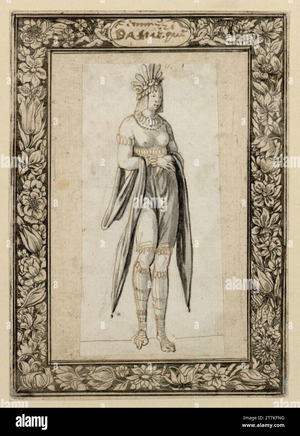 Sébastien le Clerc InDerin Aus Africa. Feder di colore marrone, grigio lavato; incollato su una foglia con una striscia decorativa forata (filo di fiori) zwischen 1650 und 1664 Foto Stock