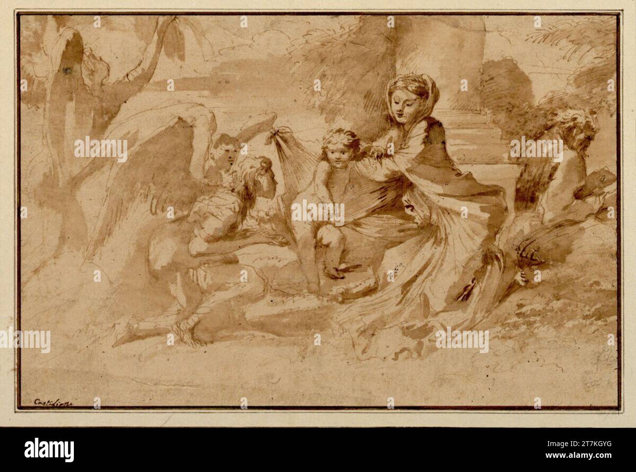 Giovanni Francesco Castiglione Sacra famiglia con due angeli davanti alla base di un pilastro in paesaggio libero. Feder, inchiostro, lavato Foto Stock