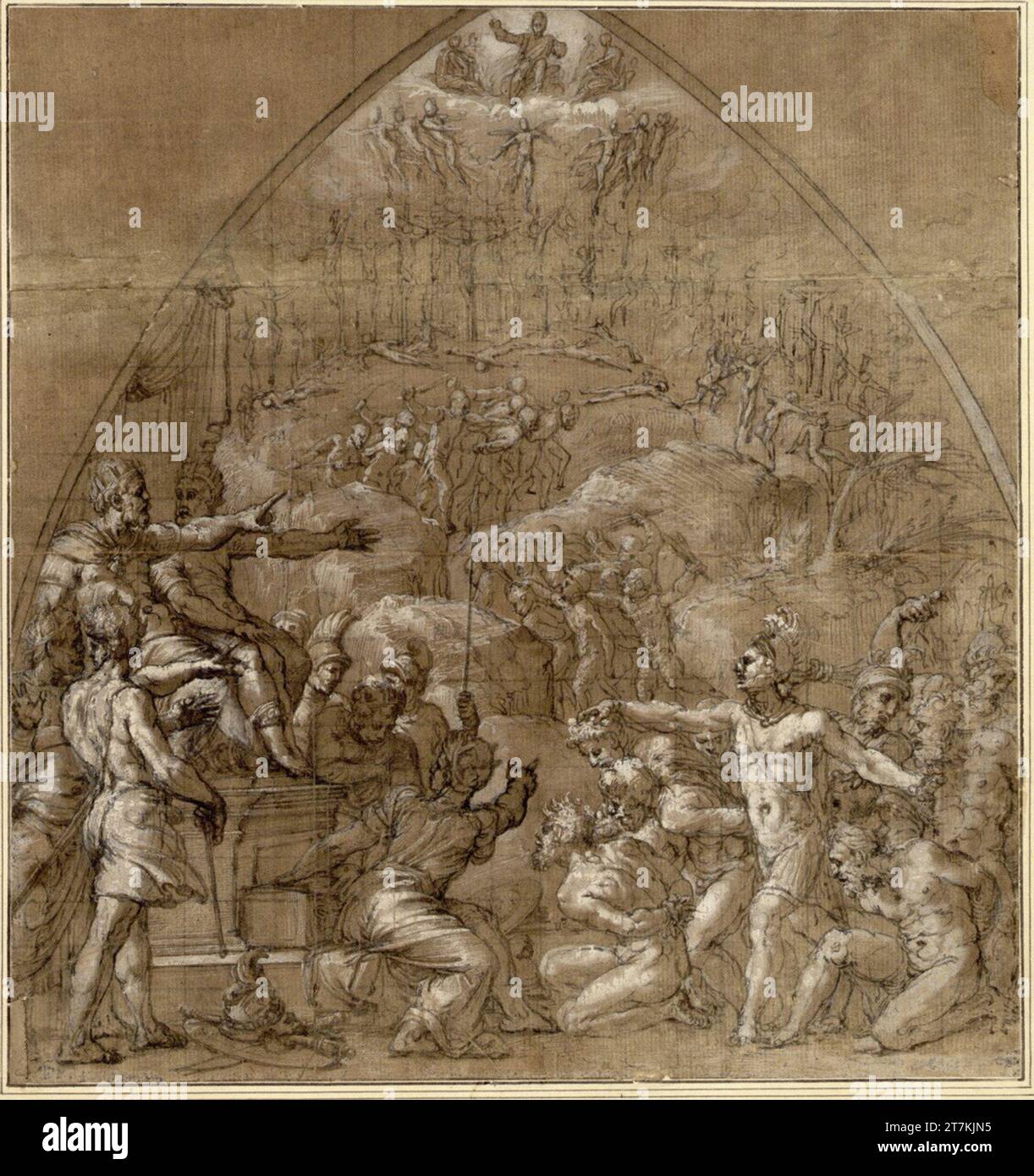 Piero Buonaccorsi gen. Perino del vaga Martirio delle decine di migliaia di cristiani sotto il re Sapor in Persia. Feder in marrone, marrone lavato, alveato, montato, squadrato in gesso nero, su carta marrone; composto da due pezzi di carta, piega al centro, in alto a destra e in basso a sinistra, integrato 1522-1523 , 1522/1523 Foto Stock