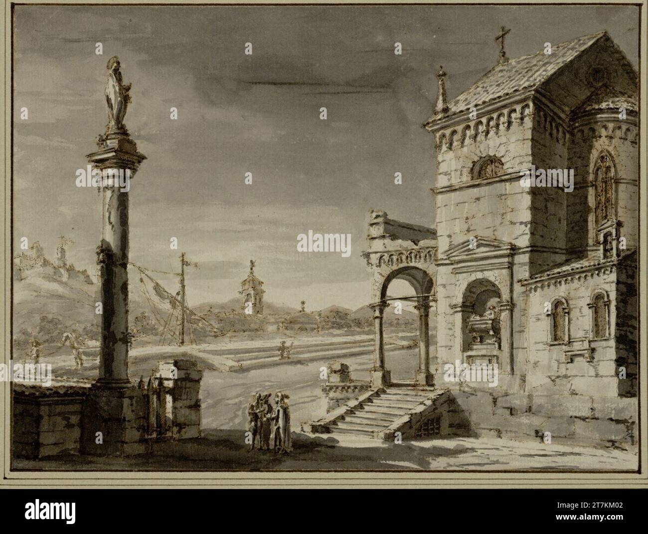 Pietro di Gottardo Gonzaga pone di fronte ad una cappella romanizzante sulla riva di un fiume, una colonna di immagini e figure del personale sulla sinistra, una barca a vela dietro di essa; sulla sponda opposta una fortezza su un'altitudine. Piuma; grigia -lavata Foto Stock