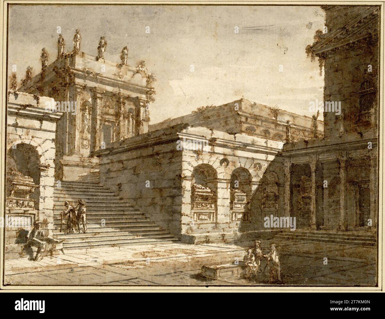 Pietro di Gottardo Gonzaga il cortile di un edificio di splendore romano ai piedi di una scalinata aperta che conduce ad un palazzo superiore in cui sono presenti nicchie intorno ai sarcofagi. Piuma; grigia -lavata Foto Stock