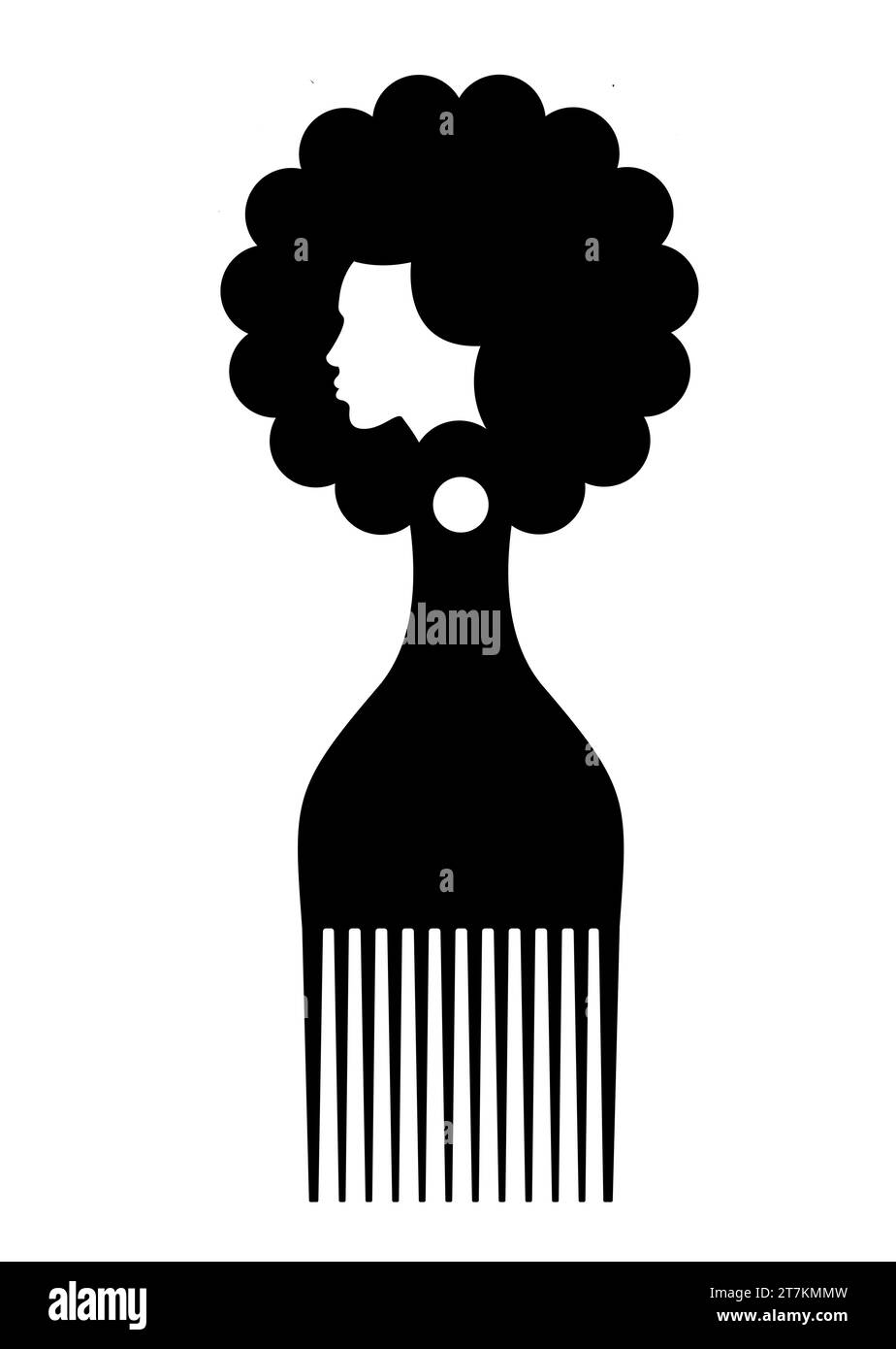 simbolo pettine afro, simbolo pennello africano per capelli ricci, semplice design piatto con silhouette nera africana, illustrazione vettoriale isolata su bianco Illustrazione Vettoriale