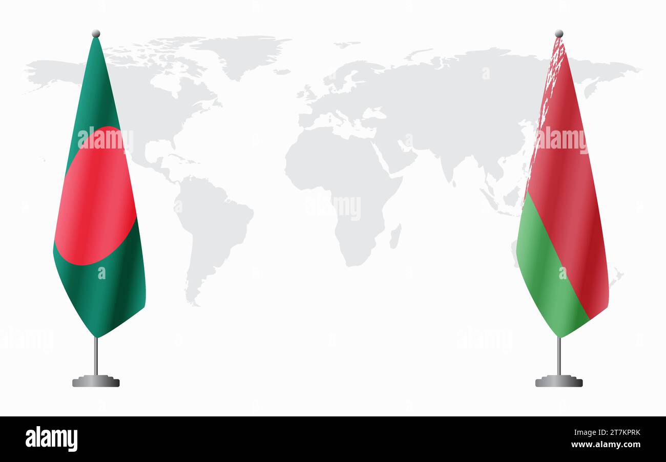 Bandiere del Bangladesh e bielorusse per un incontro ufficiale sullo sfondo della mappa mondiale. Illustrazione Vettoriale