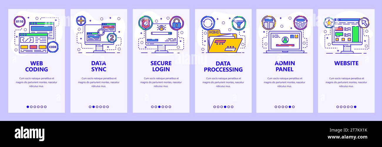 Schermate di onboarding delle app mobili. Accesso sicuro al sito Web al pannello di amministrazione, sincronizzazione dei dati, codifica ed elaborazione dei dati. Modello banner vettoriale di menu per il sito Web AN Illustrazione Vettoriale