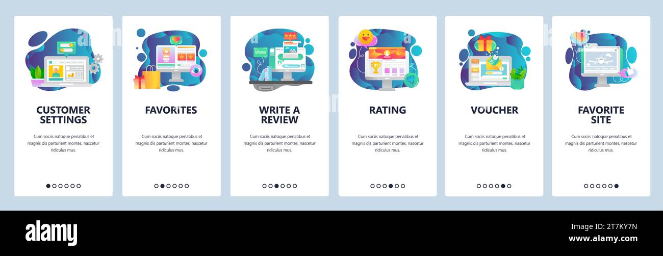 Schermate di onboarding delle app mobili. Shopping online, recensione dei clienti, voucher promozionale. Modello di banner vettoriale per lo sviluppo di siti Web e dispositivi mobili. Noi Illustrazione Vettoriale
