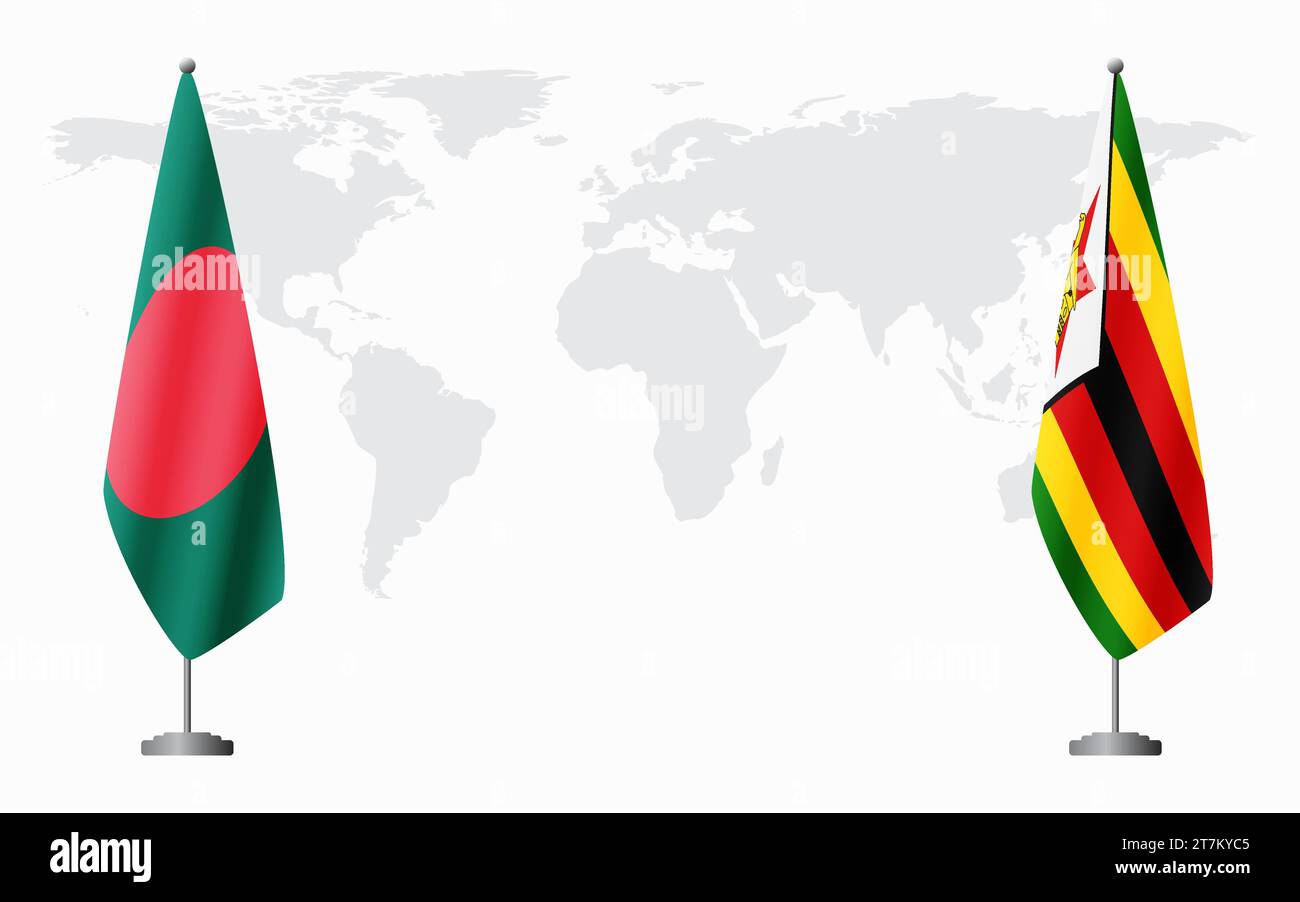 Bangladesh e Zimbabwe bandiere per un incontro ufficiale sullo sfondo della mappa mondiale. Illustrazione Vettoriale