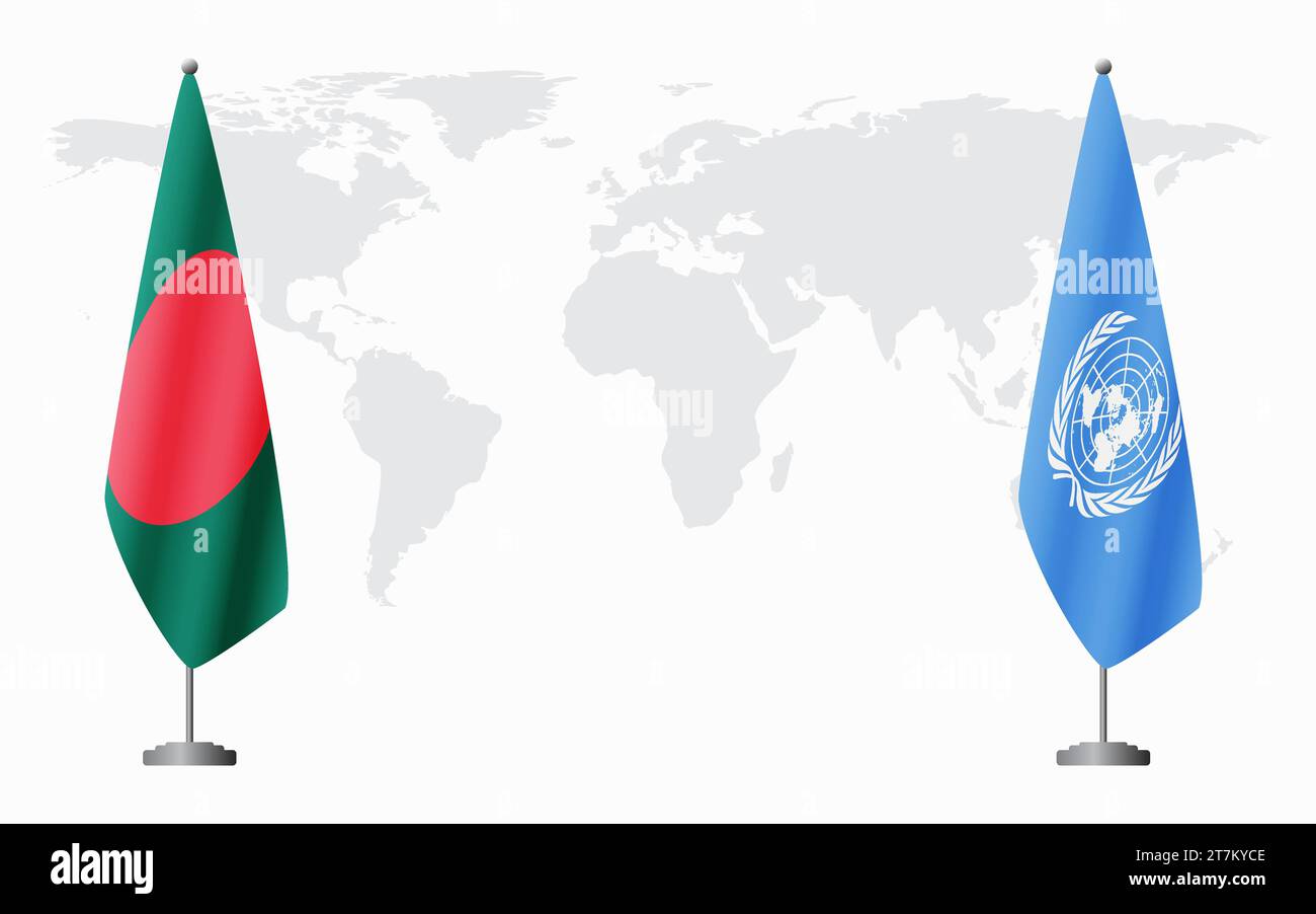 Bandiere del Bangladesh e delle Nazioni Unite per un incontro ufficiale sullo sfondo della mappa mondiale. Illustrazione Vettoriale