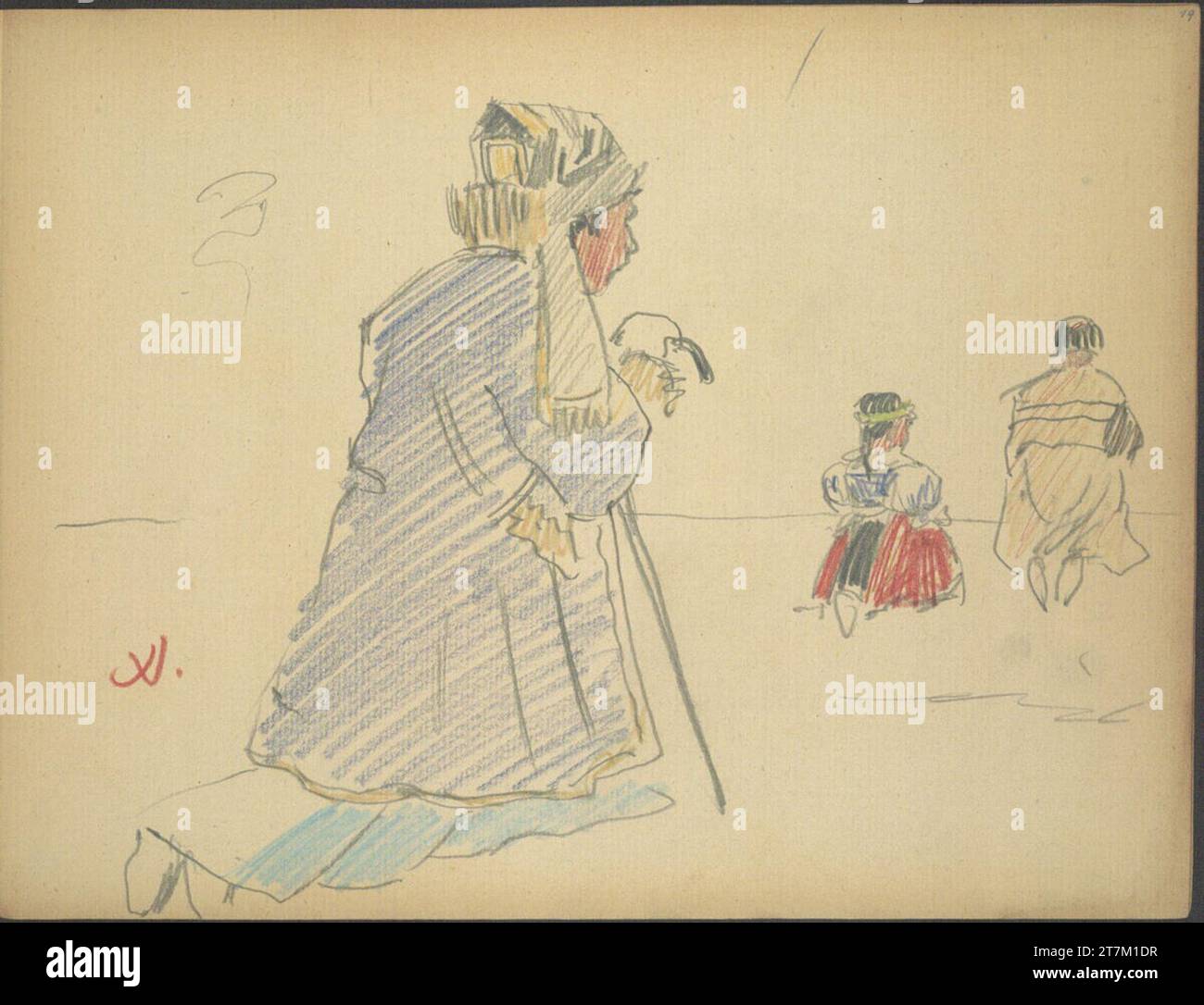 Joža Uprka tre persone inginocchiate sul pavimento. Gesso in diversi colori; matita 1917 , 1917 Foto Stock