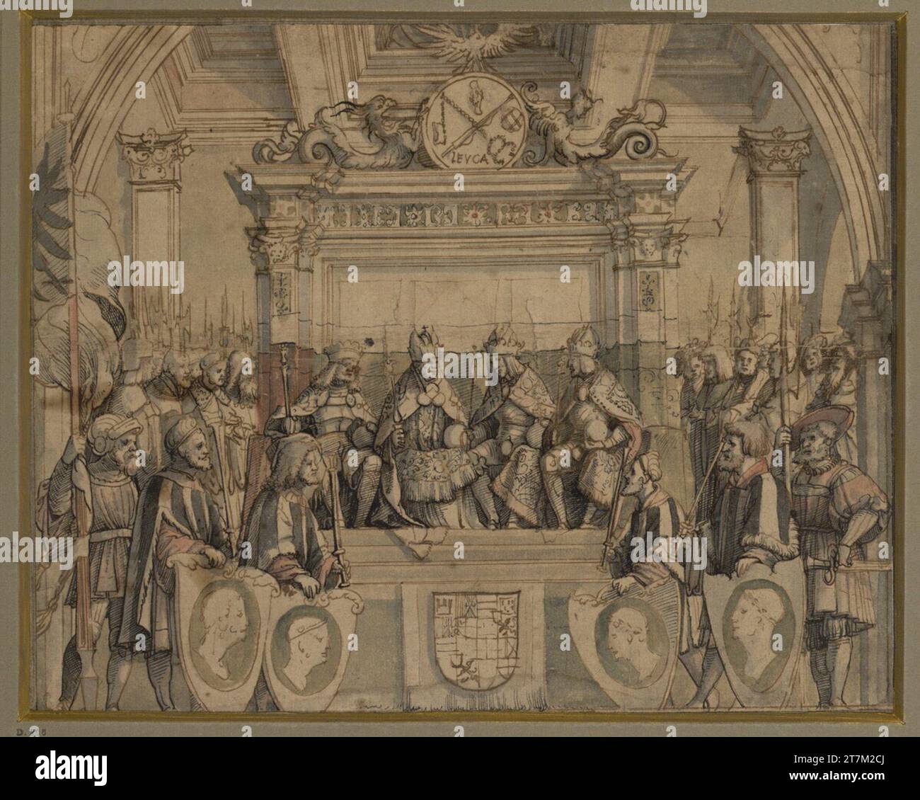 Christoph Amberger Descrizione dell'omaggio ad Alberto II, Federico III, Maximilian I. e Karl V .. Feder in marrone e grigio, color grigio, acquerello lavato e colorato intorno al 1542 Foto Stock