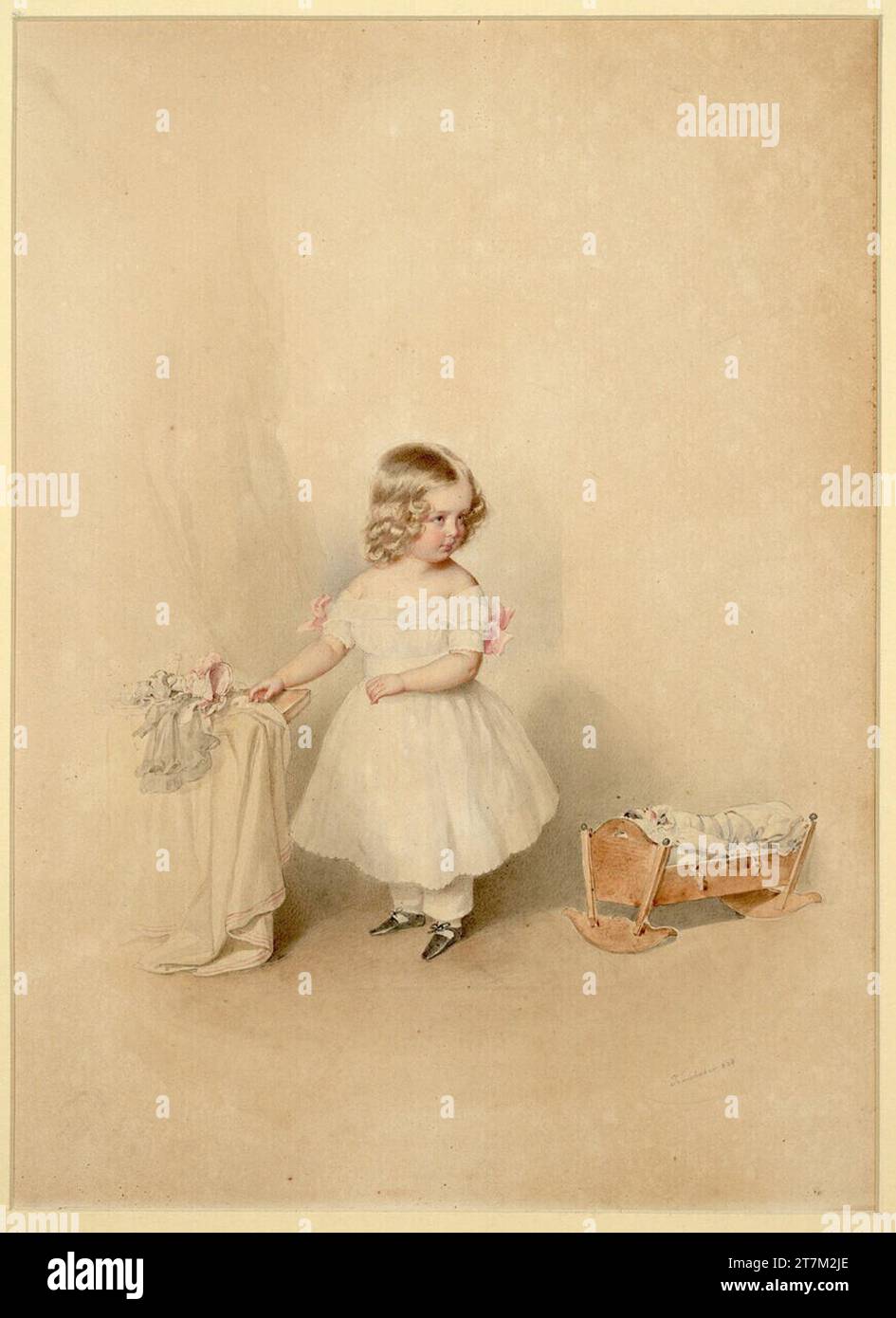 Josef Kriehuber Arciduchessa Maria Anna in piedi con una culla per bambola e un tavolo. Matita, acquerello 1838 , 1838 Foto Stock