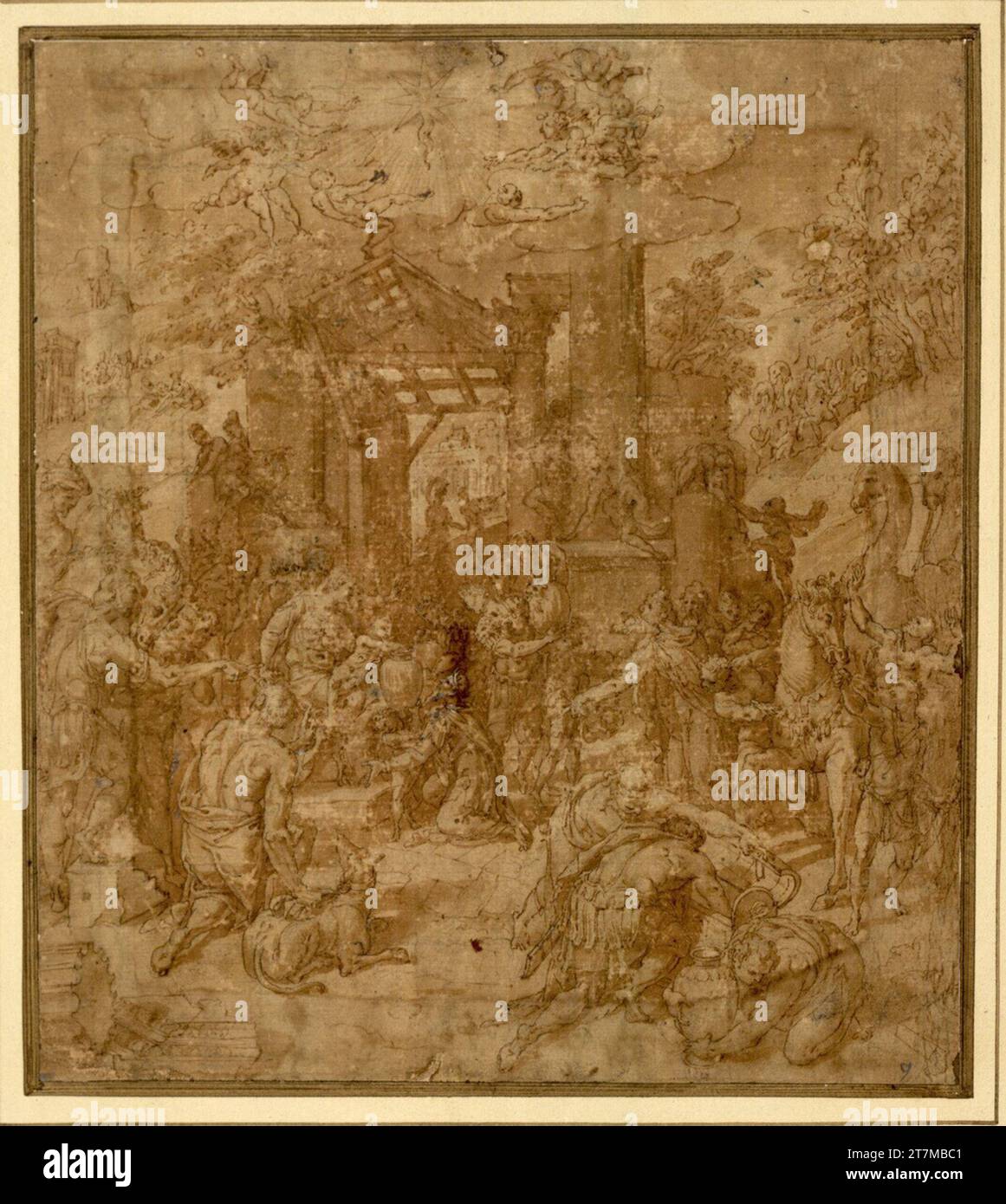 Marten de Vos, l'adiacente dei re. Feder di colore marrone, lavato, cieco, bianco, su carta brunastro, linee raster 1570-1600 , 1570/1600 Foto Stock