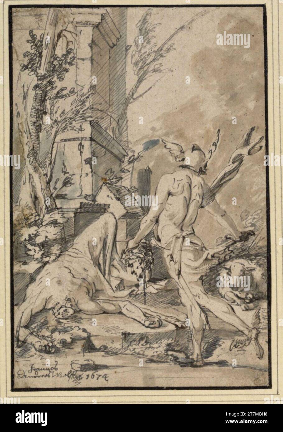 Johann Andreas Wolff Mercury con il capo dell'Argus. Feder in marrone chiaro e grigio con lavazioni marroni e ultramarine 1674 , 1674 Foto Stock