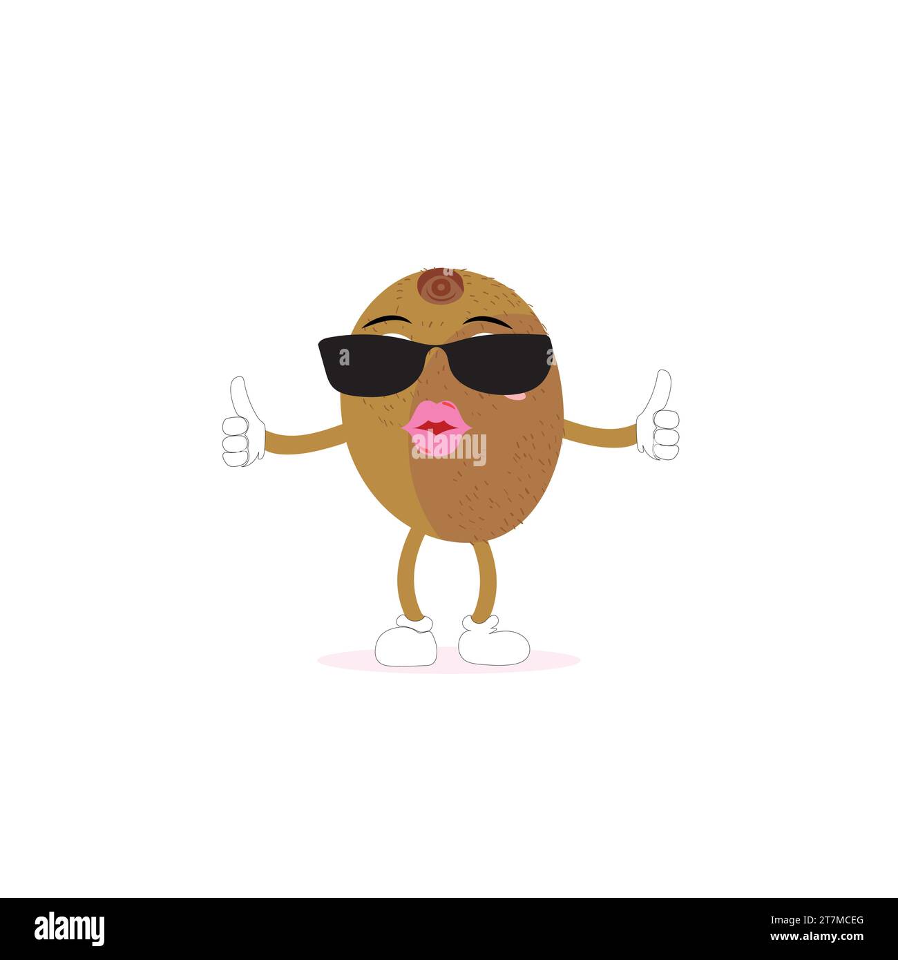 Kiwi Fruit sorride. Simpatiche emoticon dei cartoni animati. Icone emoji. Personaggio Kiwi con viso e occhiali da sole alla moda. Perfetto per bambini, merchandising e adesivi Illustrazione Vettoriale