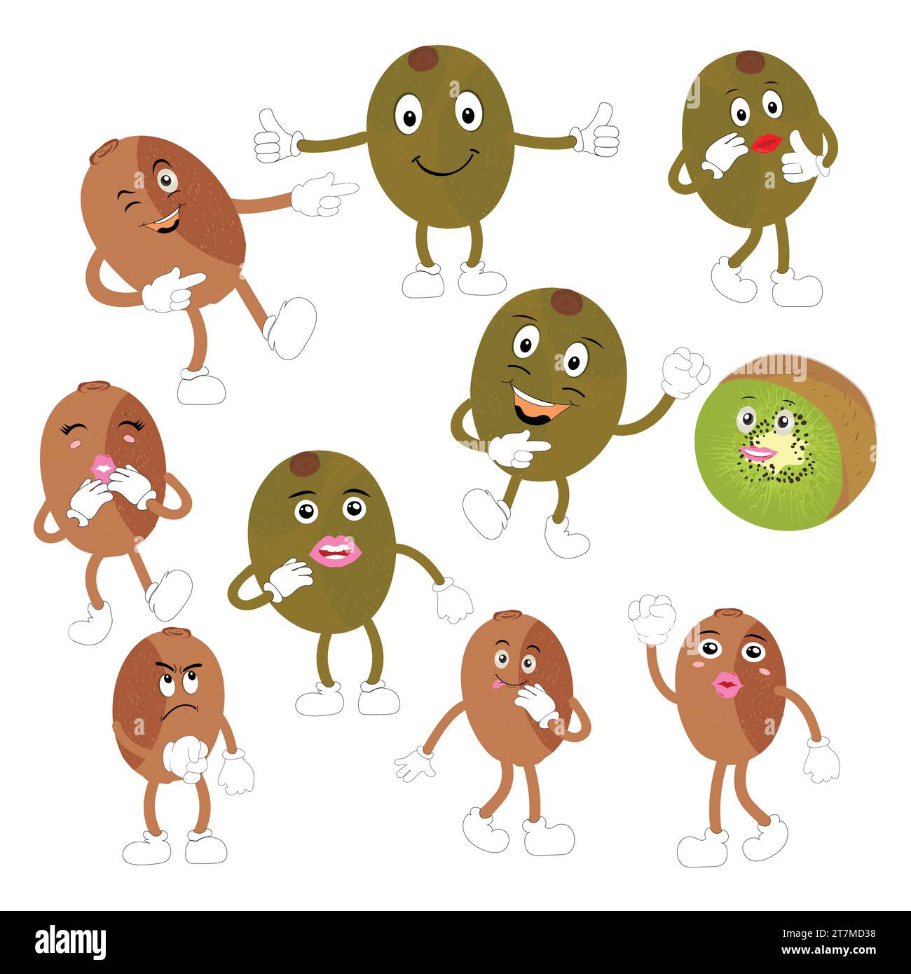 Kiwi Fruit sorride. Simpatiche emoticon dei cartoni animati. Icone emoji. Personaggio Kiwi con viso e occhiali da sole alla moda. Perfetto per bambini, merchandising e adesivi Illustrazione Vettoriale