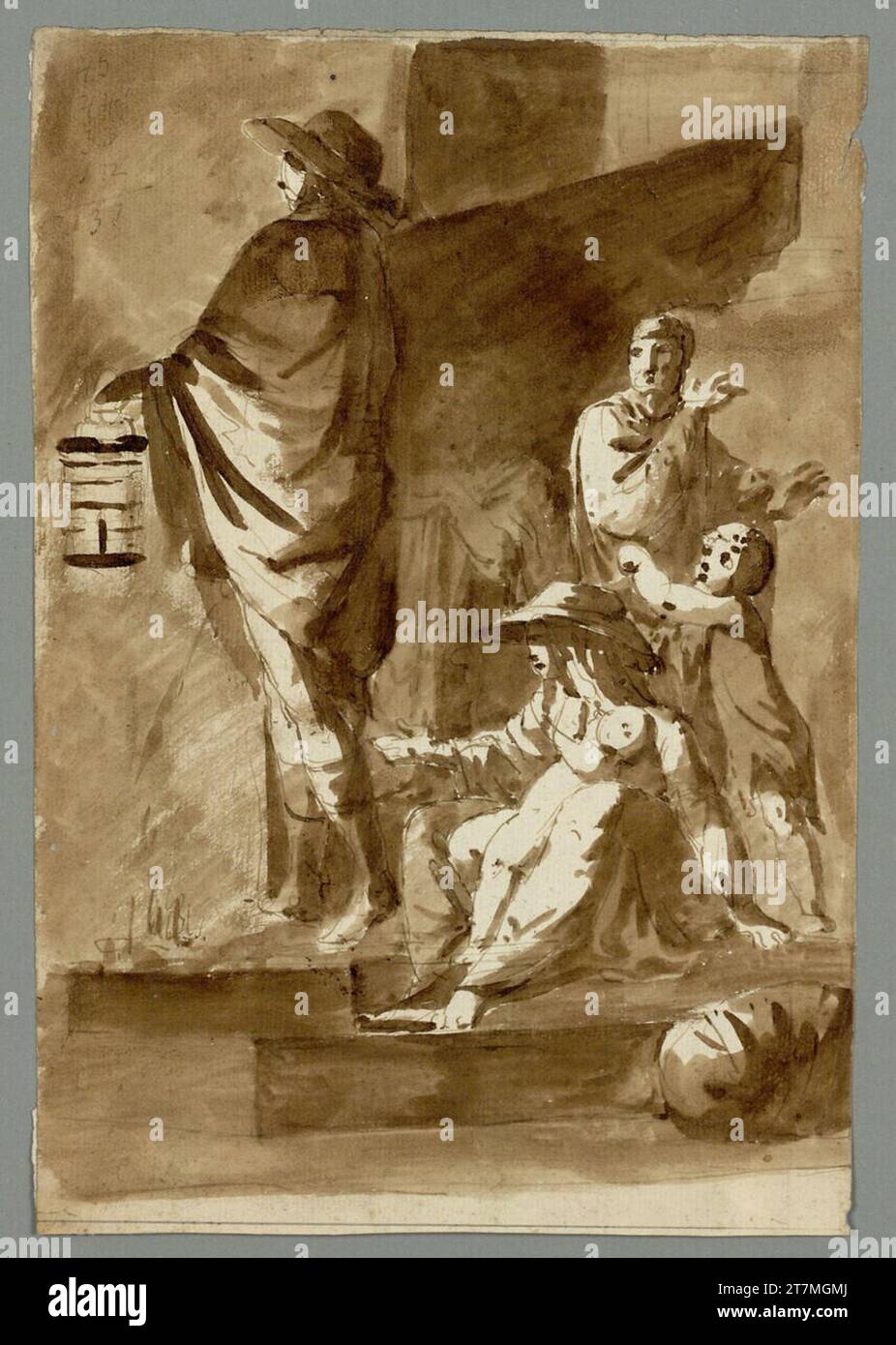 Richard Westall madre con un bambino, portatore di lanterne. Feder in marrone, lavato Foto Stock