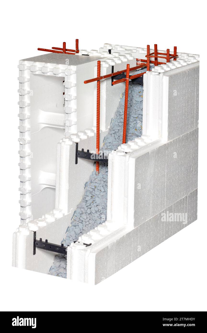 Frammento di tecnologia termica, costruzione di pareti in calcestruzzo in cassaforma permanente in blocchi di schiuma di polistirene. Foto Stock