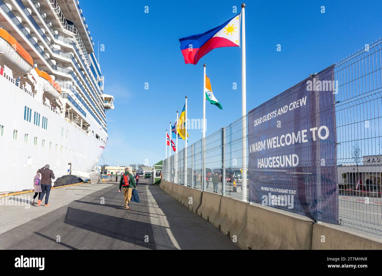 Cartello di benvenuto Haugesund Cruisehavn (porto delle navi da crociera), Haugesund, Rogaland County, Norvegia Foto Stock