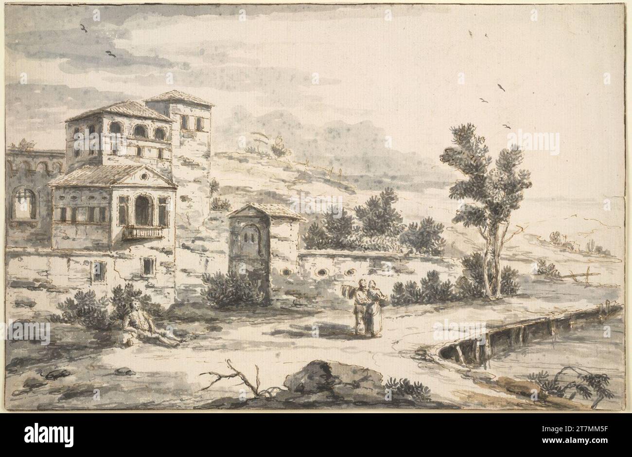 Giuseppe Zais Landscape. Bister, piume, inchiostro, pennello, Mitte 18 lavato. Secolo Foto Stock