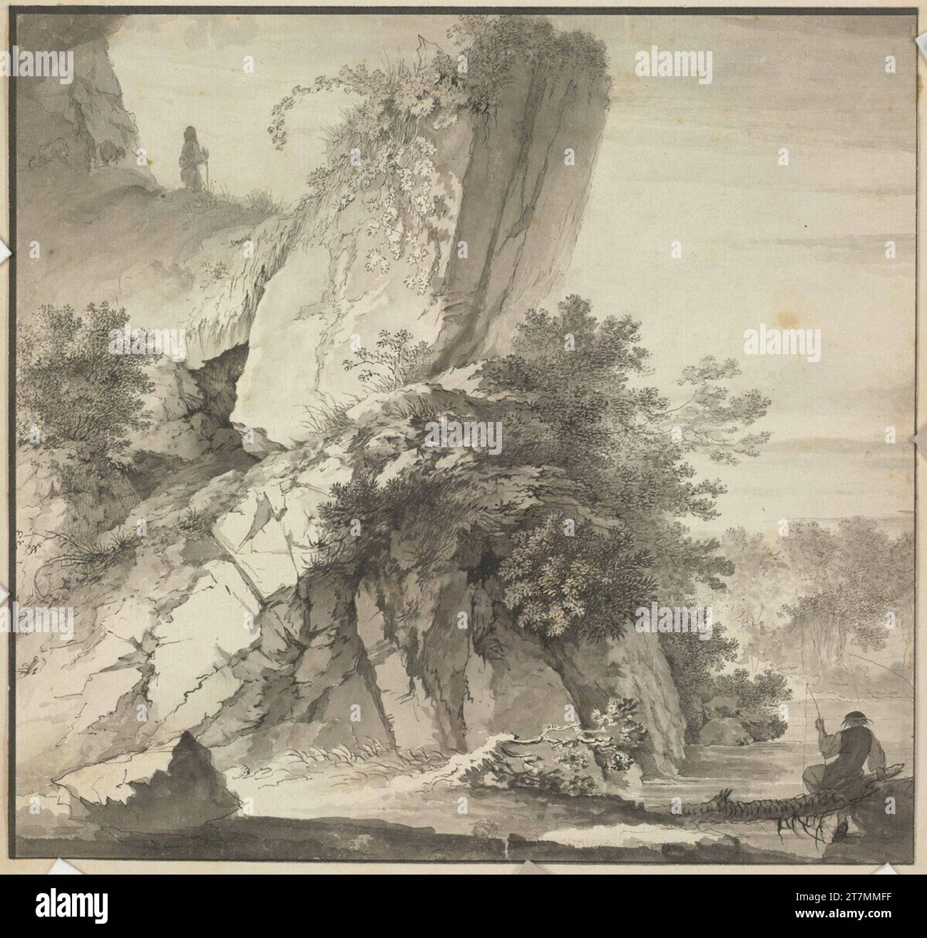 Deodat Roger paesaggio roccioso su un fiume, in primo piano un pescatore. Feder e pennello in nero, grigio e nero laves su carta, linea di bordo in inchiostro nero 1733 , 1733 Foto Stock
