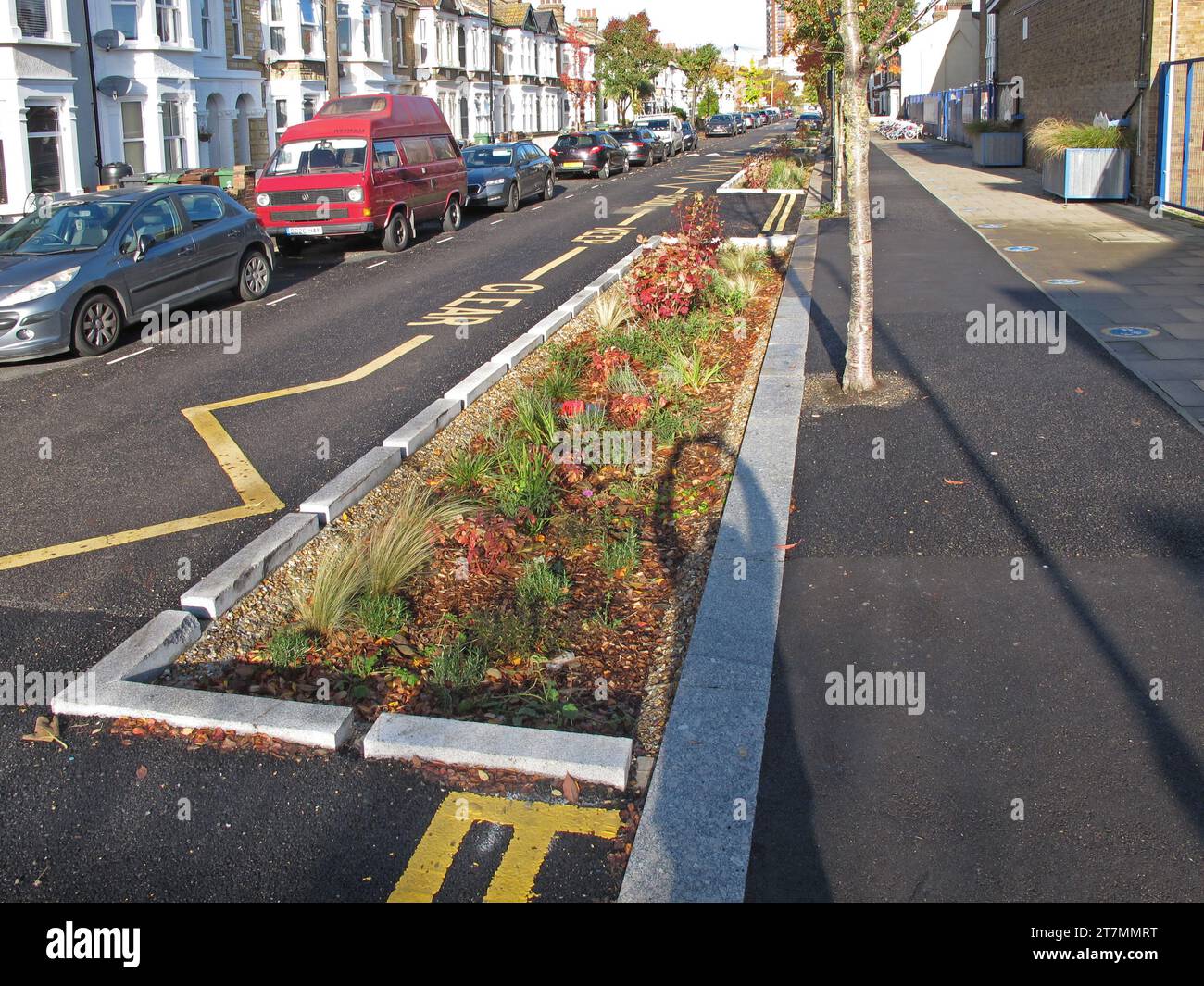 Giardini alluvionali in Brooke Street, Walthamstow, Londra, Regno Unito. Uno schema di drenaggio urbano sostenibile (SUDS) per assorbire l'acqua di deflusso durante le piogge intense. Foto Stock