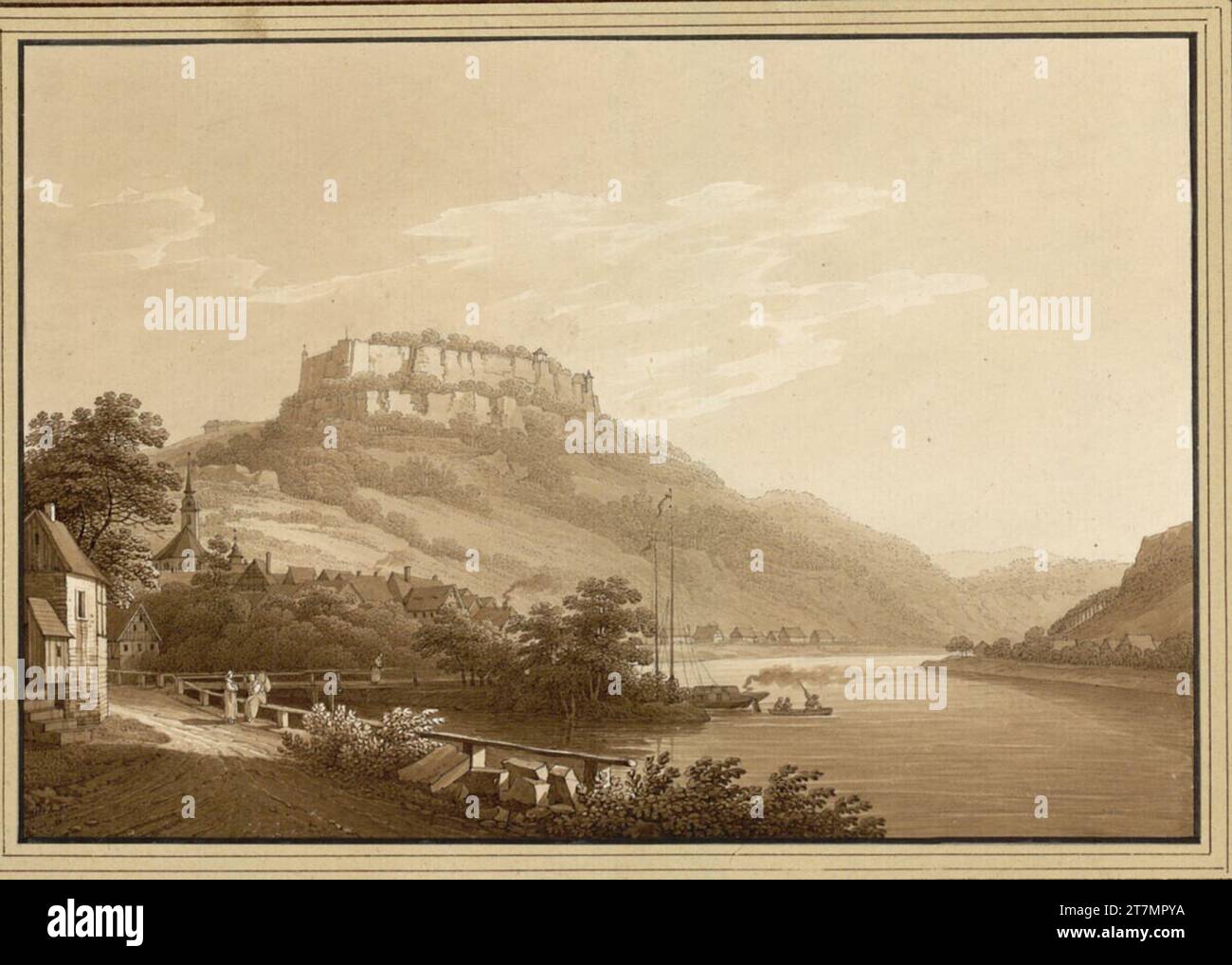 Christian Gottlob Hammer la fortezza e la città di Königstein. Penna e pennelli in marrone, lavati; bordo nero linea 1807 , 1807 Foto Stock