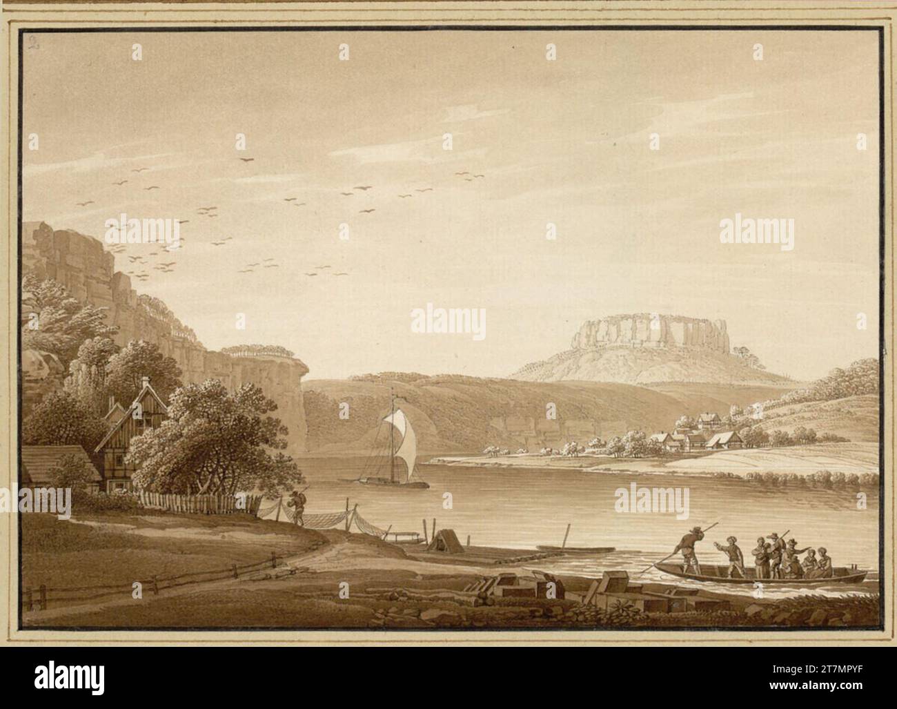 Christian Gottlob Hammer The liling tra Königstein e Wehlen. Penna e pennelli in marrone, lavati; bordo nero linea 1807-08 , 1807-08 Foto Stock