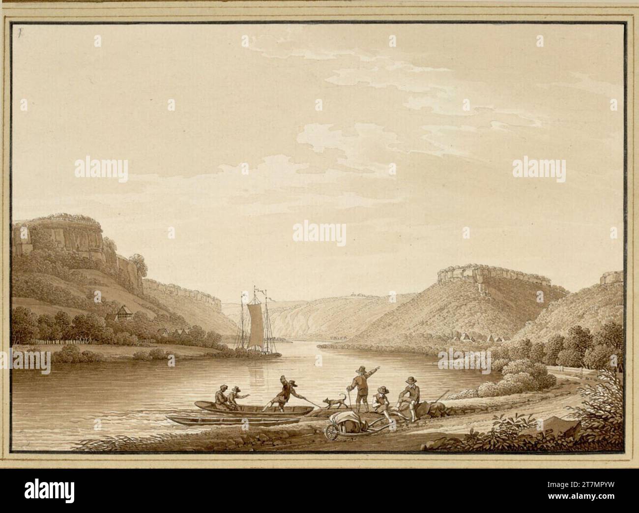 Christian Gottlob Hammer il "naso reale" tra Pirna e la fortezza di Königstein. Penna e pennelli in marrone, lavati, su tracce di matite; bordo nero linea 1807-08 , 1807-08 Foto Stock