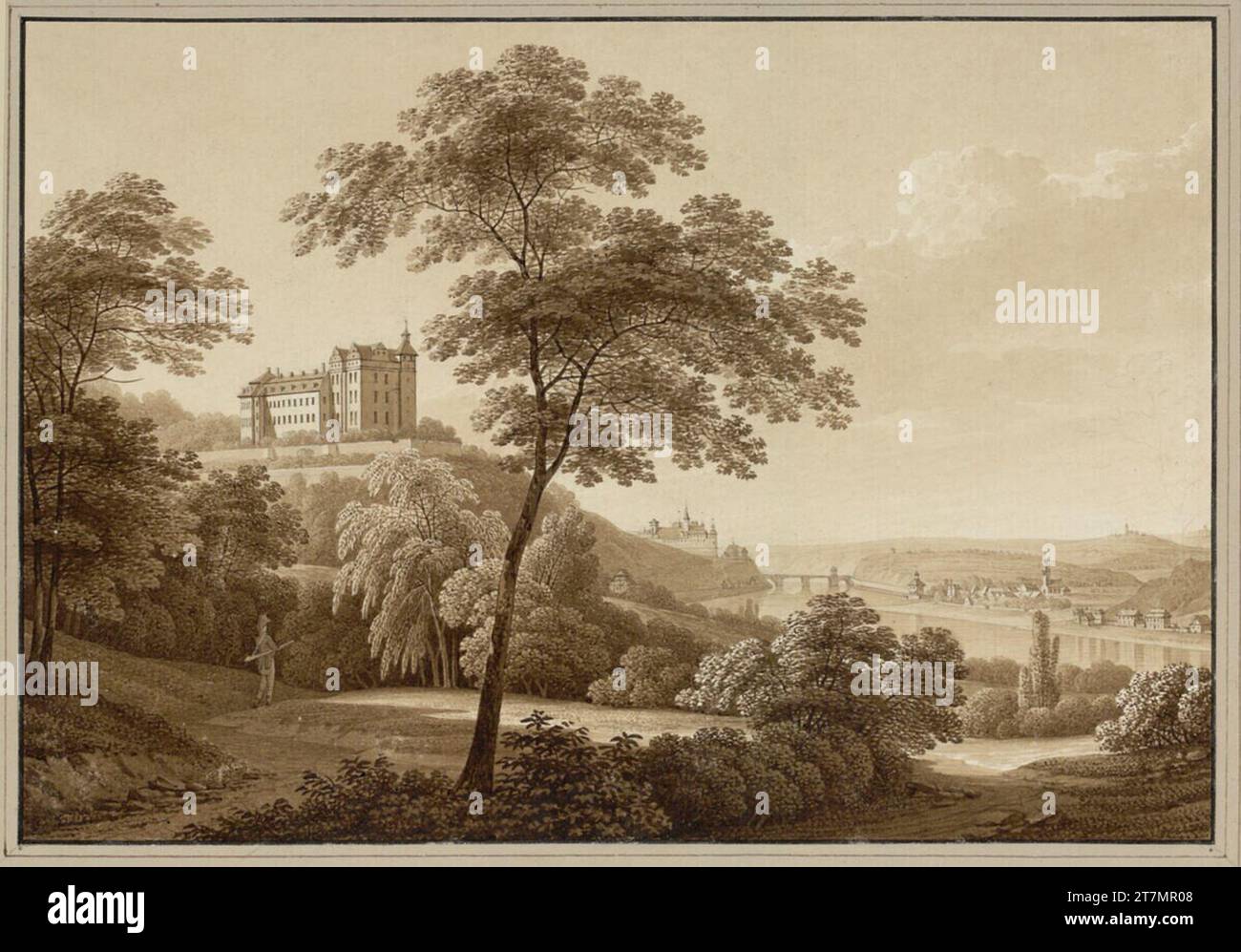 Christian Gottlob Hammer Castello di Siebenichen vicino a Meißen. Penna e pennelli in marrone, lavati, su tracce di matite; bordo nero linea 1815 , 1815 Foto Stock