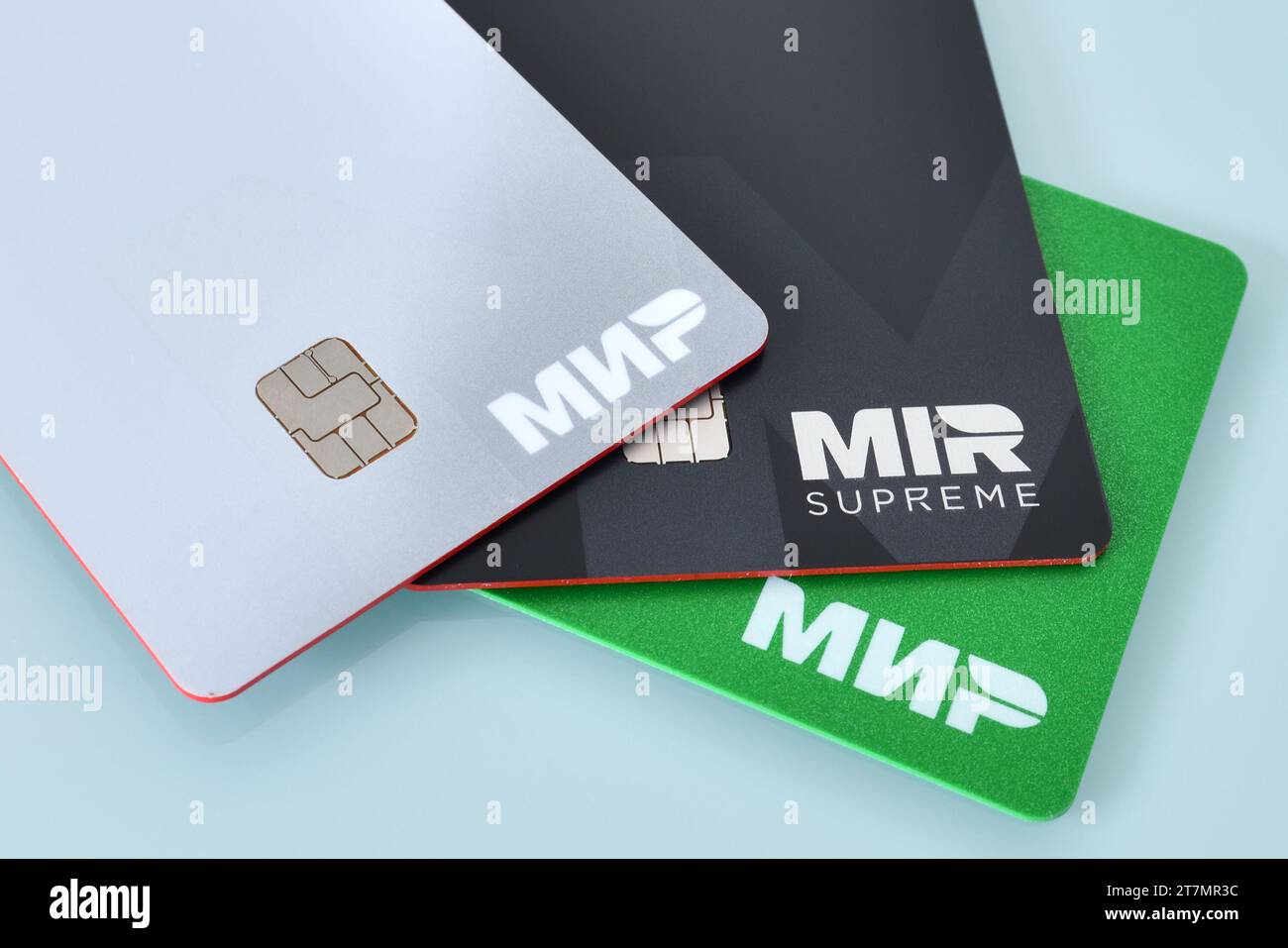 Mosca, Russia - 11 novembre. 2023. Mir - sistema di pagamento elettronico russo per i bonifici bancari e le carte Foto Stock