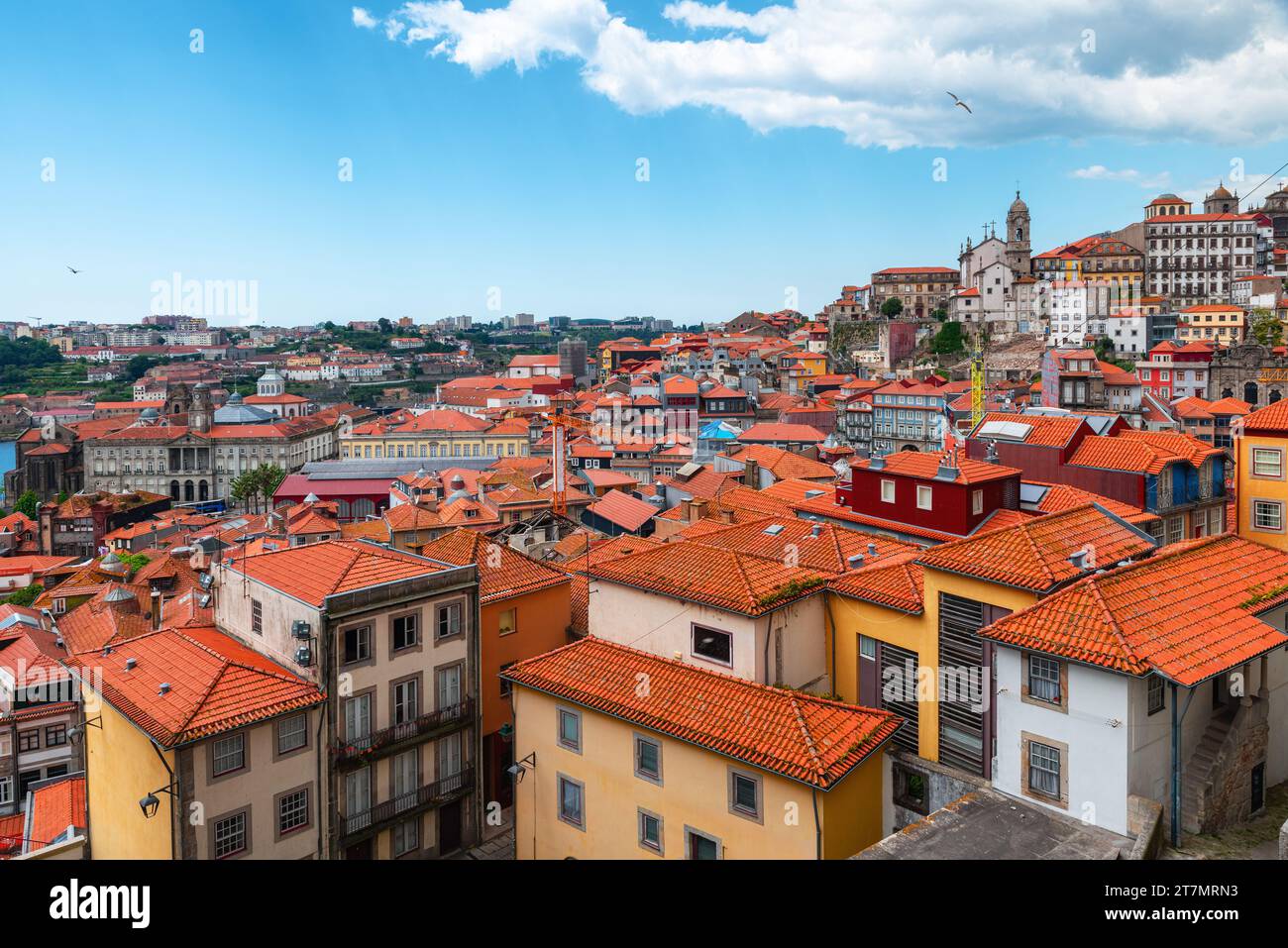 Vista aerea della città vecchia di Porto, con gli edifici sui tetti arancioni, Portogallo. Architettura medievale del centro di Oporto. Destinazione di viaggio Foto Stock