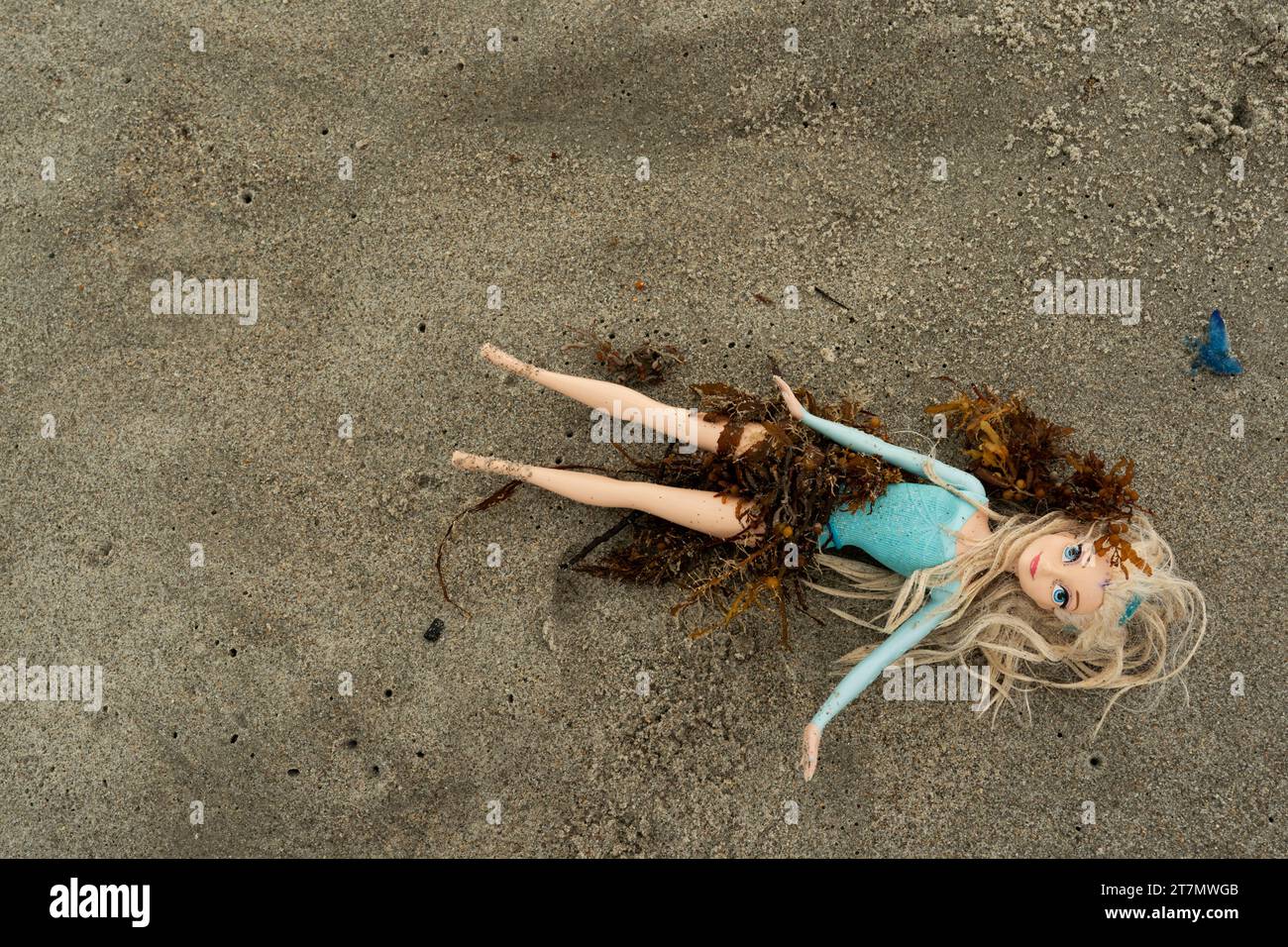 La bambola giocattolo con lunghi capelli biondi viene lavata sulla spiaggia dell'Oceano Atlantico, Cocoa Beach, Florida, USA Foto Stock